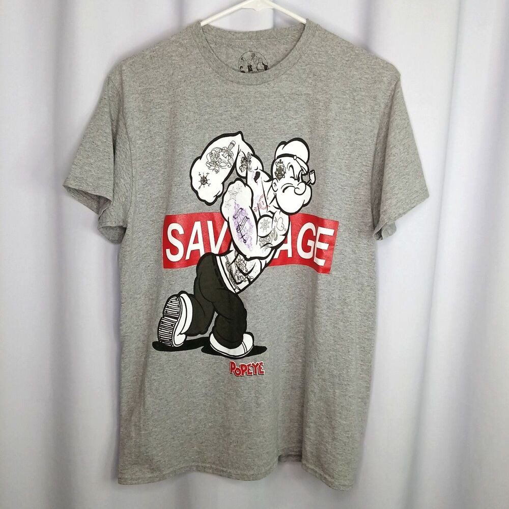 Popeye Savage Cotton Graphic T-Shirt Short Slve Tee Cartoon Gray Retro Mens Med